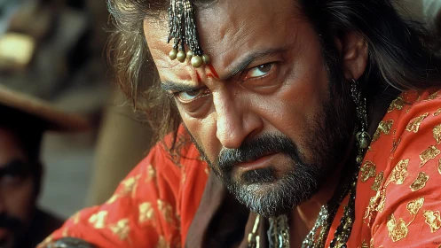 Intense warrior in ornate red garment stares forward.