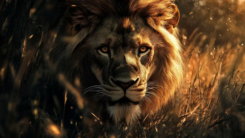 Male lion crouches in golden savanna dusk light, eyes locked