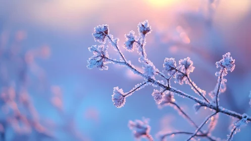 Frosted winter branches under soft pastel sunrise glow.