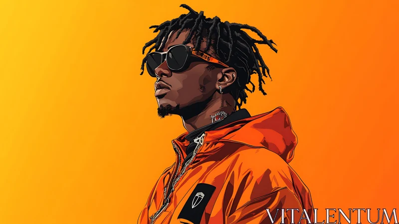 Stylized portrait of man in orange jacket and shades.