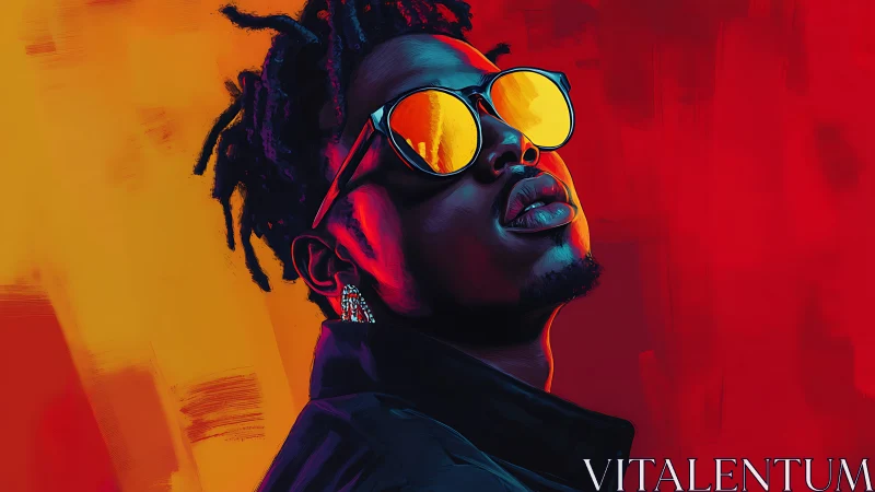 Digital painting portrait with neon gradients and reflective shades.