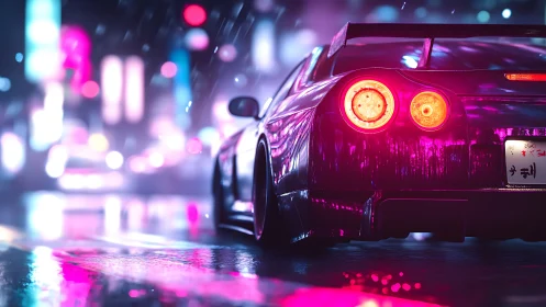 Neon street racer cuts through rain soaked cyber city night.