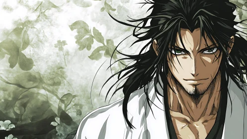 Brooding anime swordsman stands against misty green backdrop