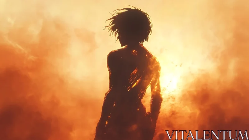 Backlit humanoid silhouette dissolves into incandescent embers