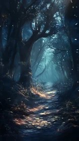 Forested pathway with atmospheric light diffusion.
