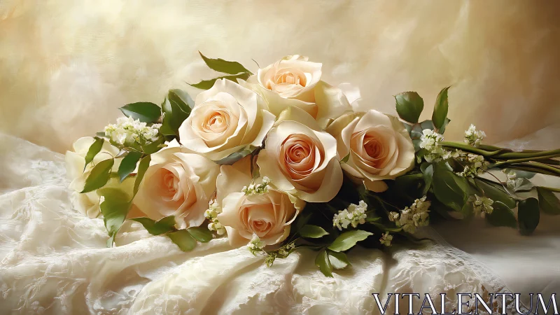 Peach roses arranged with baby's breath on ivory silk.