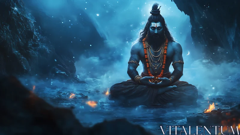 Divine blue yogi meditates in glowing icy cavern fire.