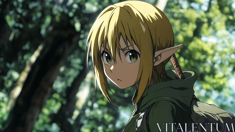 Elf warrior in forest with focused, alert expression.