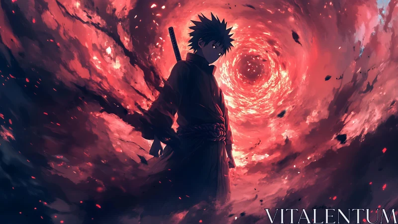 Dark anime swordsman stands before swirling red vortex.