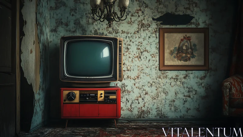 Vintage CRT television console anchors decayed midcentury interior