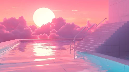 Sunset pool to the clouds, bathed in neon cotton candy light.
