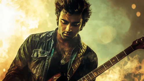 Moody guitarist in cinematic bokeh light and warm haze.