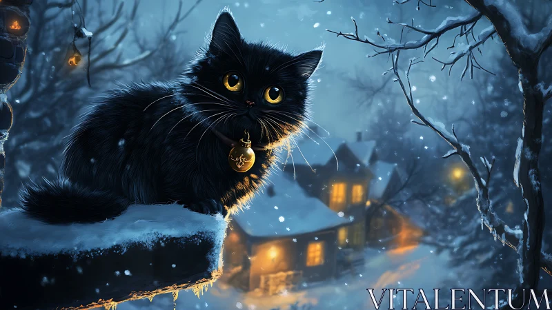 Black Cat's Winter Vigil in Enchanted Snowscape.