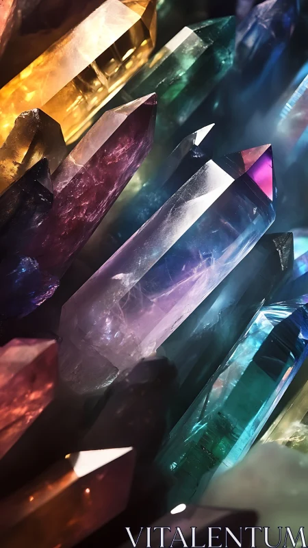 Photorealistic prismatic crystal cluster in vertical array.