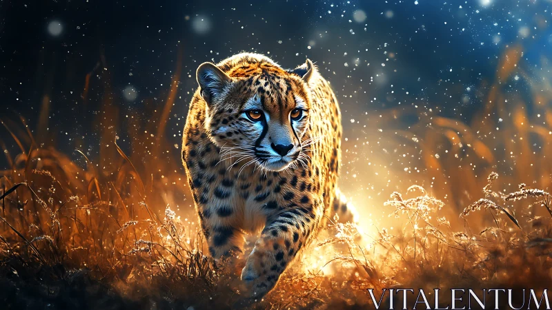 Cheetah with piercing blue eyes in stylized landscape.