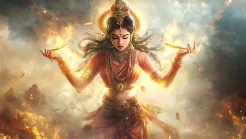 Goddess in fiery cosmic aura channels divine radiant power.