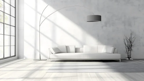 Minimalist white living room with arched floor lamp glow.