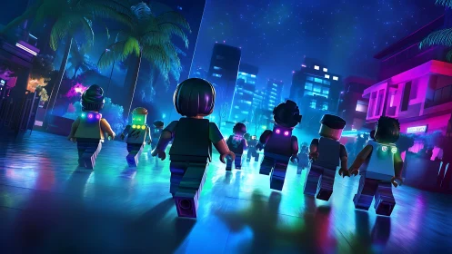 Neon-lit LEGO cityscape with dynamic group perspective rendering.
