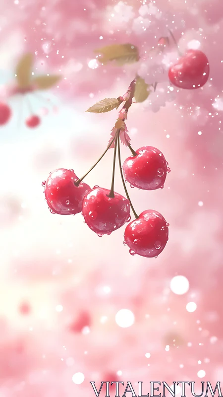 Glowing cherries hang in dreamy pink spring light.