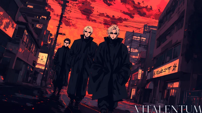 Three dark-coated figures walk through neon dusk city street