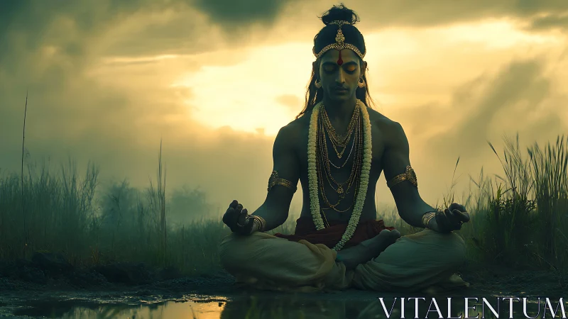 Twilight yogi in jeweled stillness beside a silent water. Period.