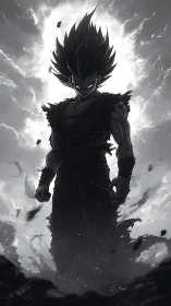 Dark anime warrior in dramatic backlit storm scene.