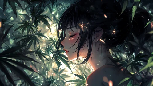 Luminous foliage immersion with backlit anime profile study.