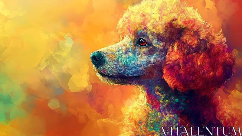 Color-swirled poodle portrait glows in radiant abstract light.