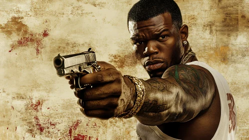 Man aiming handgun in close-up against textured wall background.