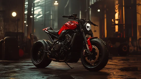 Red street beast waits, idling under molten factory light