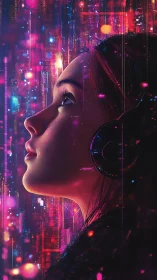Young woman with headphones in neon digital city glow.