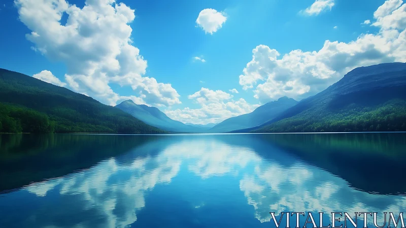 Mountain lake mirrors drifting clouds in luminous blue sky.