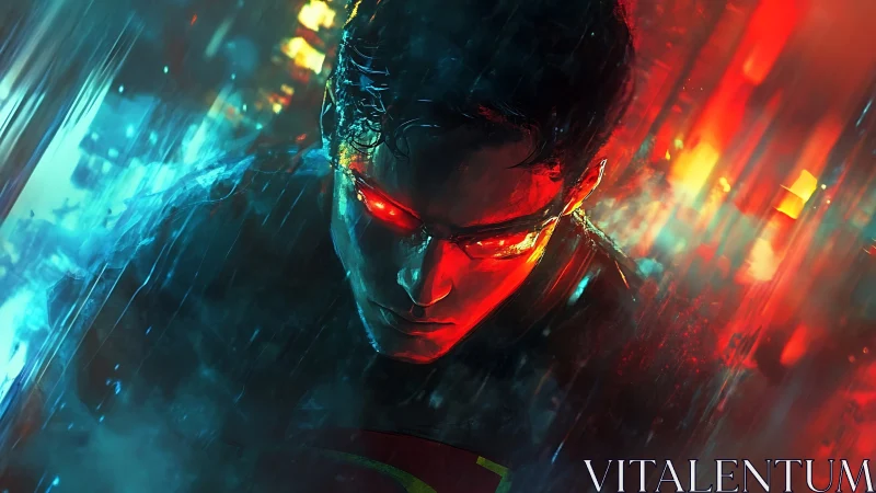 Intense hero leans forward as glowing red eyes cut through rain