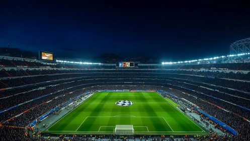 Floodlit football arena glows before a major night match