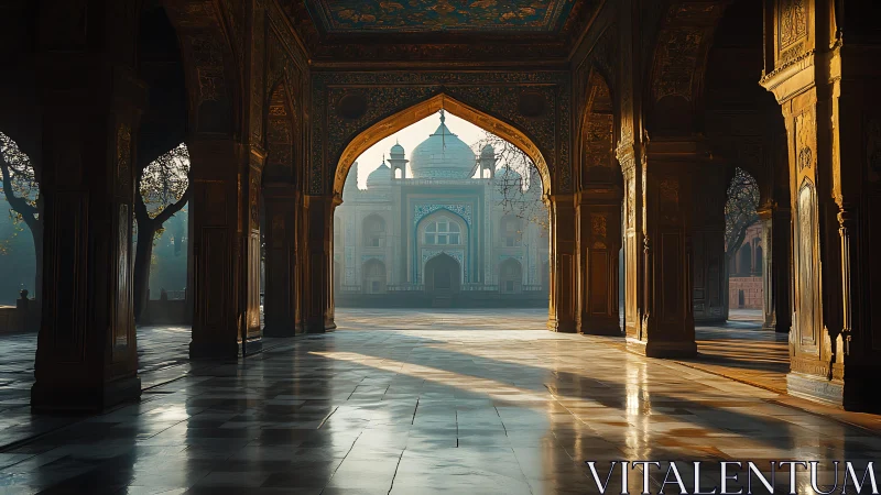 Morning hush beneath gilded arches of a dreamlike mosque.