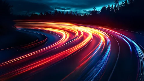 Long exposure light trails on forest highway at blue hour