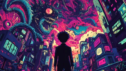 Neon kaiju-cloud convergence menaces silhouetted figure in cyber city