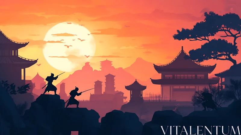 Samurai silhouettes against stylized sunset skyline.