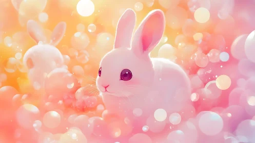 Cotton-candy bunny drifts through dreamy pastel bubblescape.
