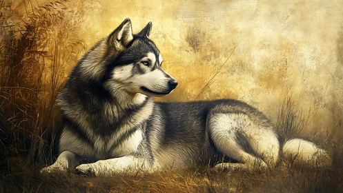 Siberian husky resting in dry grass, warm tonal digital painting