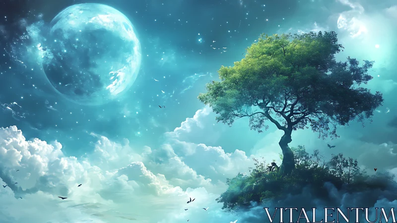 Lone tree rises above dreamlike clouds under a glowing moon
