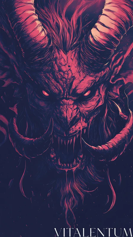 Horned infernal beast in high-contrast neon duotone portrait.