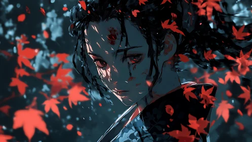 Wounded samurai gazes through falling crimson leaves at dusk