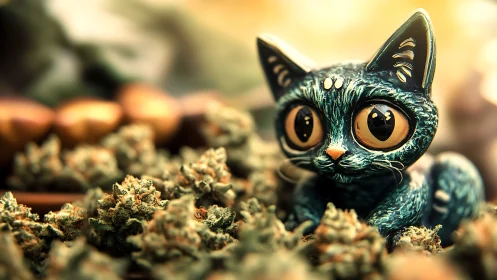 Black Cat Figurine Among Crystalline Mineral Formations. Striking Golden Eyes Commanding Attention.