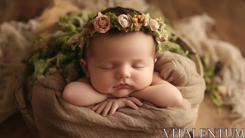 Sleeping newborn wearing floral crown in neutral fabric nest