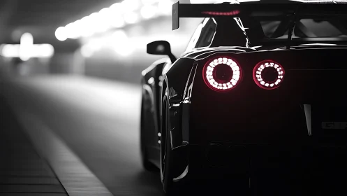 Photorealistic rear profile of supercar in tunnel chiaroscuro.