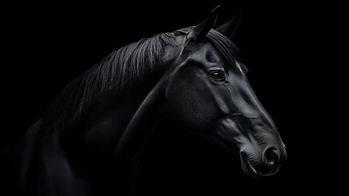 Black horse side profile on deep black background.