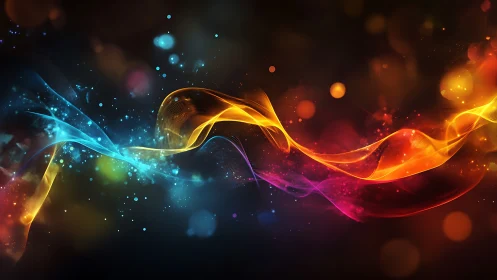 Digital painting of multicolor light ribbons with bokeh dynamics.