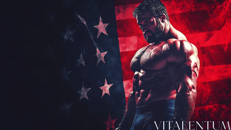 Hyperdefined bodybuilder against stylized American flag backdrop.