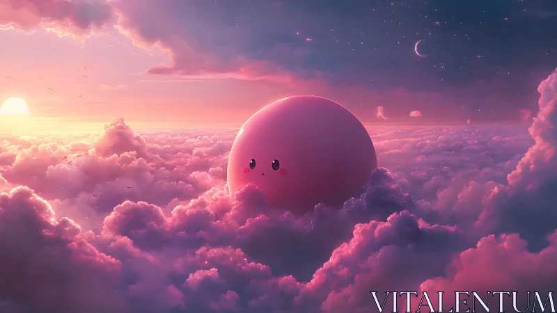 Spherical pink character within dense sunset cloudscape.